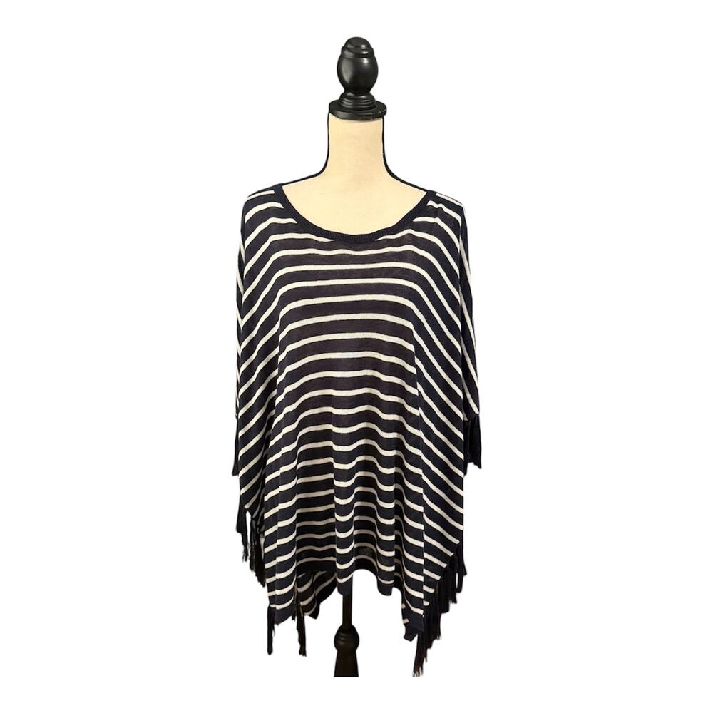 Talbots Women's Blue White Stripe Linen Blend Poncho Sz M Resort Wear Open Sides